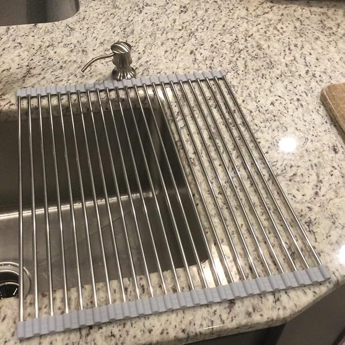 Ahyuan Roll up Dish Drying Rack Over The Sink Kitchen Roll up Sink Drying Rack Portable Dish Drainer Foldable Dish Drying Rack (Warm Gray, 20.5''X16.9'') - Image 3