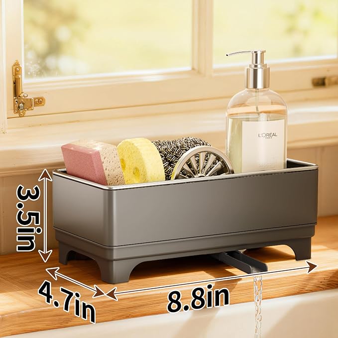 MOUKABAL Sponge Holder for Kitchen Sink, Rustproof Stainless Steel Grey | Large Capacity/360° Rotating Drain Keeps Counter Dry/Holds Sponges & Soap Bottle/Easy-Clean Removable Tray - Image 3