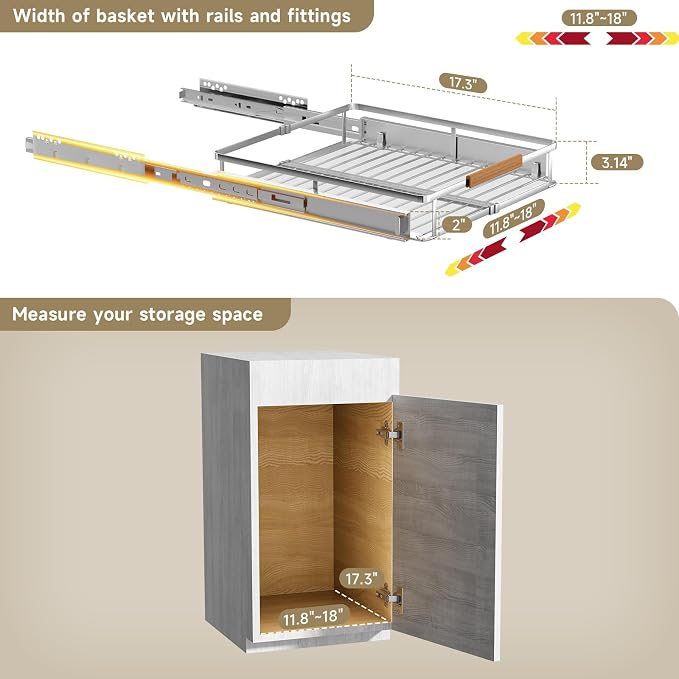 11.8~18"x17.3" Pull Out Cabinet Organizer，1Pack Expandable Sliding Cabinet Shelves，Side Mounting - Image 2