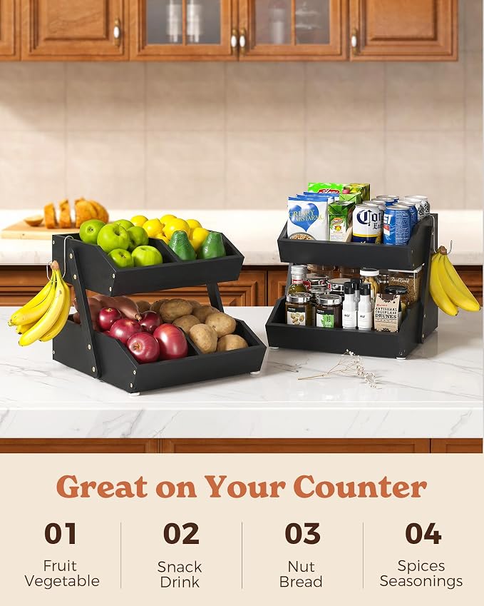 2-Tier Bamboo Fruit Basket with 2 Banana Holders Black | Large tiered organizer for bread, snacks, veggies. Sturdy bamboo, includes mats & dividers. Easy to assemble. - Image 6