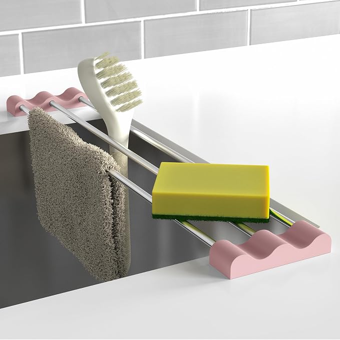 Tomorotec Adjustable Over-The-Sink Kitchen Rack, BPA-Free, Pink | Holds 16.5 Lbs; For Dishcloths, Sponges, and Brushes - Heat-Resistant Stainless Steel with Slim, Expandable Design by Tomorotec
