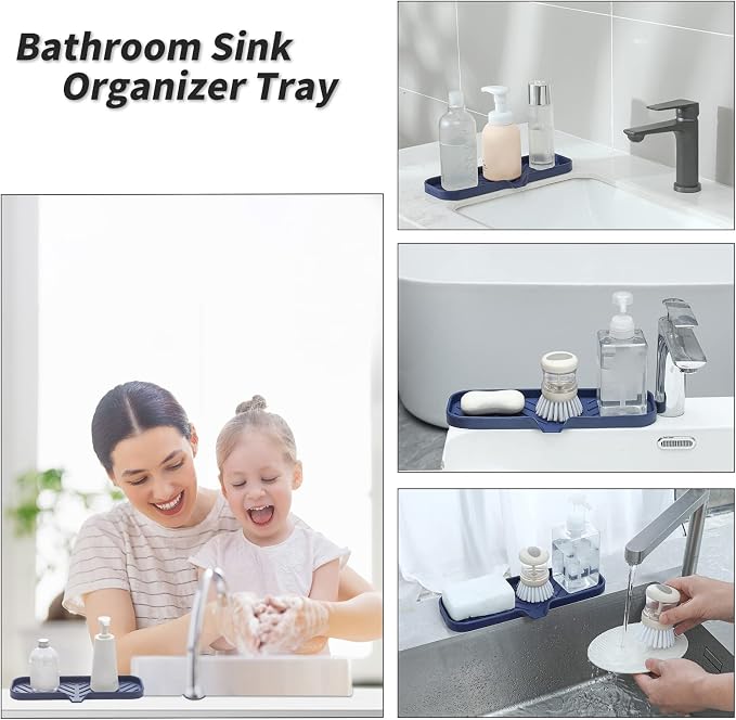 MicoYang Silicone Soap Dish with Drain Spout — Self-Draining Double Sink Organizer Tray for Kitchen & Bathroom, Dispensers, Sponges & Soap Holder, Non-Slip & Dishwasher Safe, Navy Blue (Large, 12"×4") - Image 4