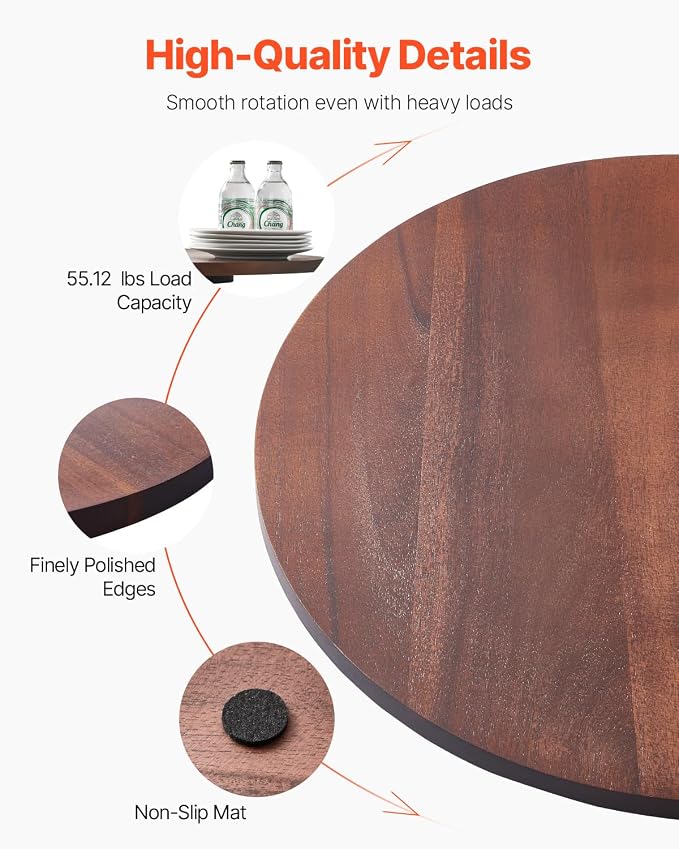 VEVOR 24 in Wood Lazy Susan Turntable, 360° Rotation Round Clear Tabletop Rotating Tray, Acacia Wood Dining Table Centerpiece, Smooth and Silent Spin, for Family Gatherings, Banquets and Weddings | For Family Gatherings, Banquets, Weddings, 360° Rotati... - Image 3
