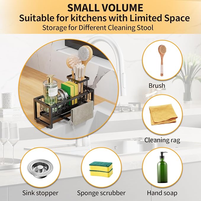 Sponge Holder for Kitchen Sink, 304 Stainless Steel Sink Caddy with Tall Brush Holder & Self-Draining Tray, 3-Compartment Countertop Organizer for Dish Soap Dispenser, Sponge, Scrubber, Black - Image 3