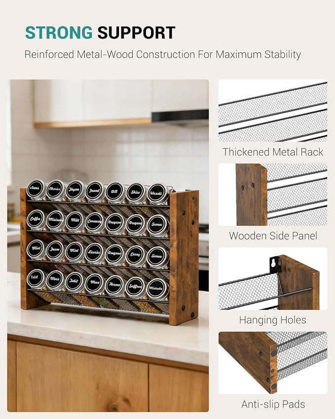 Spice Rack Organizer with 28 Glass Jars, for Cabinet Wall Mount Countertop | 4-Tier Seasoning Organizer with Labels, Chalk Marker & Funnel for Pantry, Kitchen Storage, Wood, 14 in W x 9.4 in H - Image 8