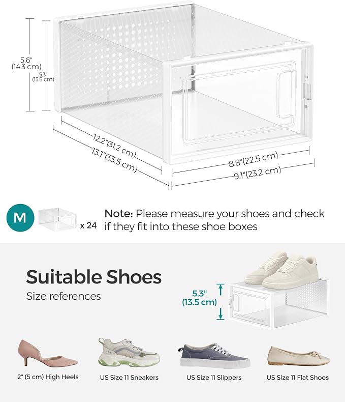 SONGMICS Shoe Boxes, Pack of 24 Shoe Storage Organizers, Stackable Clear Plastic Boxes for Closet, Sneakers, 13.1 x 9.1 x 5.6 Inches, Transparent and White ULSP906W12 - Image 6