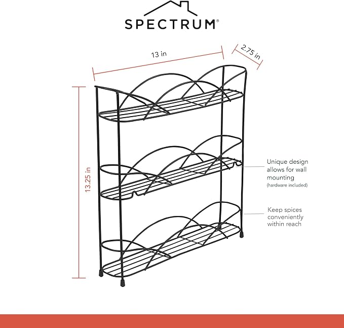 Spectrum 3 Tier Spice Rack Organizer Black Countertop Wire Shelf Spice Rack for Modern Kitchen Pantry Cabinet, Organize Spices with Three Tier Spice Shelf for Kitchen Storage with Wall Mount Option - Image 6