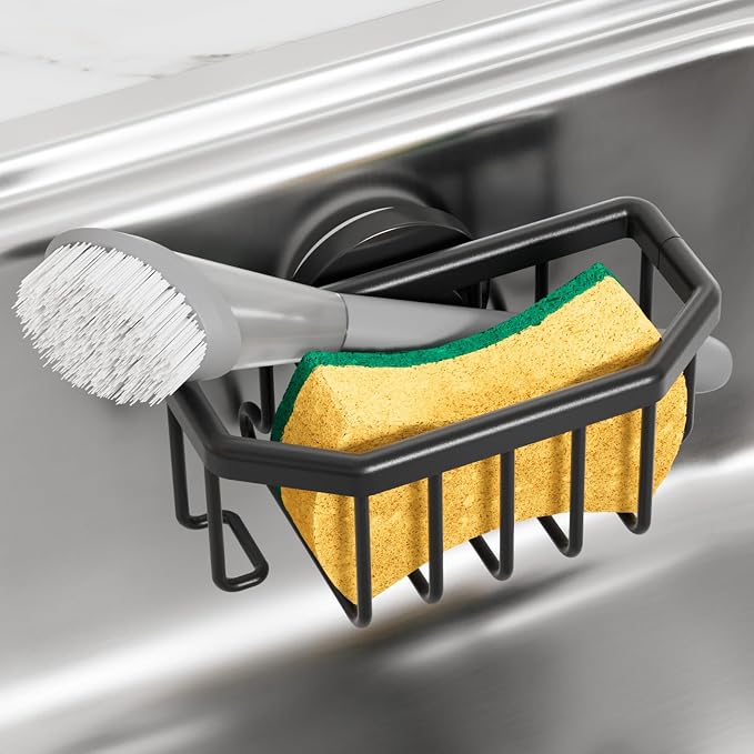 TAILI Sponge Holder for Kitchen Sink with Suction Cup-Black Aluminum | Rustproof Aluminum Sink Caddy for Sponges,Brushes,Stoppers & Scrapers,Removable Ventilated Quick-dry Design, holds Up 11lbs by TAILI