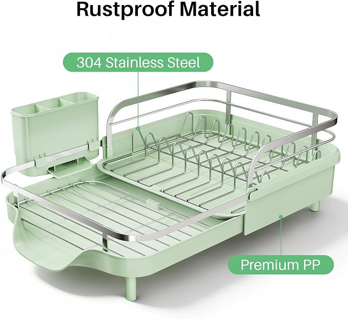 SNTD Expandable Dish Drying Rack for Kitchen Counter, 15.2-22.1 in, Green | Rust-Resistant Stainless Steel, Protective Side Rails, Self-Draining Drainboard, Removable Utensil Holder - Image 5