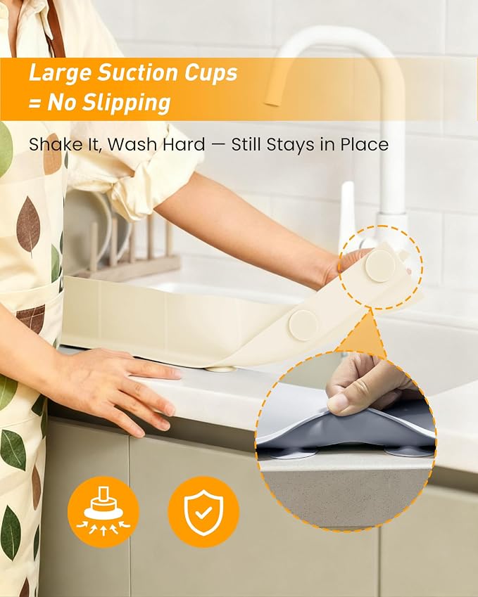 Kitchen Sink Splash Guard 23" 18" 30" Silicone Water Guard with Strong Suction Cups, Faucet & Countertop Protector, Bathroom & Sink Edge Splash Guard Strip, Dishwasher Safe-Cream 23" - Image 3