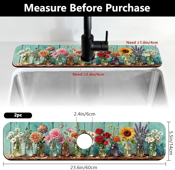 2 Pcs Kitchen Sink Splash Guard Faucet Mat Colored Glass Vases with Plants Pattern Faucet Mat for Sinks Roses Absorbing Drying Mat for Kitchen Bathroom, 23.6x5.5inch - Image 2