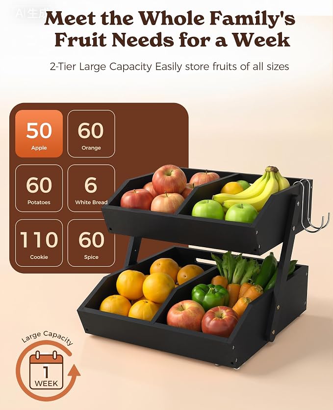 2-Tier Bamboo Fruit Basket with 2 Banana Holders Black | Large tiered organizer for bread, snacks, veggies. Sturdy bamboo, includes mats & dividers. Easy to assemble. - Image 3
