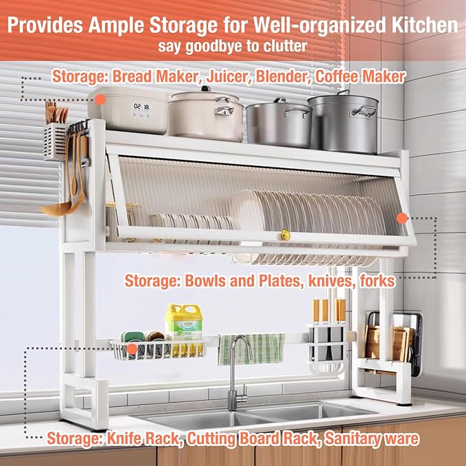 Hdrriozu Over the Sink 3 Tier Dish Drying Rack with Cover, Milkshake White | Rust resistant built last. Easy install simple tools. Holds dishes glasses bowls. Space saving over sink tidy kitchen. - Image 3