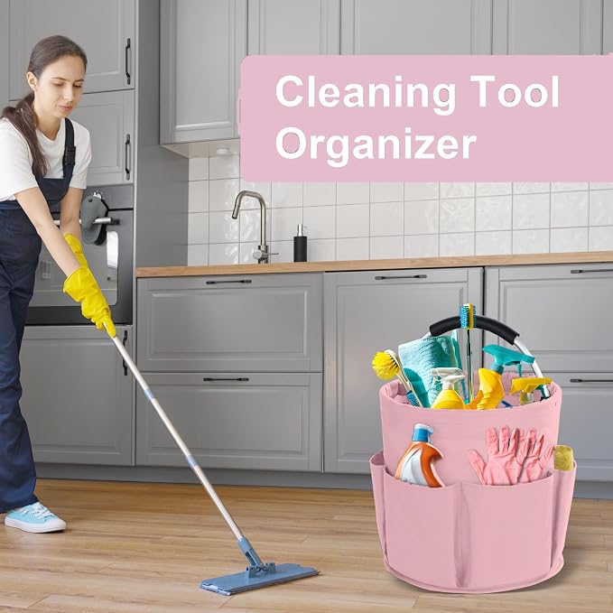 Cleaning Caddy with Handle, Cleaning Products Organiser, 17L Foldable Storage Basket, Cleaning Caddy Organiser, Portable Multi Cleaning Bucket Bag for Home, Garden (Pink) - Image 4