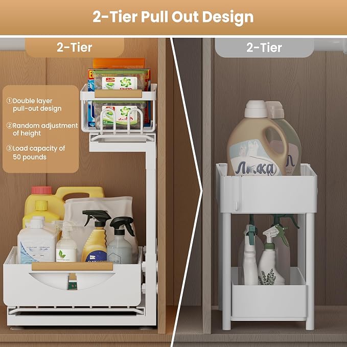 Under Sink Organizer and Storage for Bathroom and Kitchen - 2 Pack 2 Tier | Cabinet Pull Out Shelf Organizers - Slide Out Drawer Organization for Home Cabinets Shelves and Drawers - Image 4