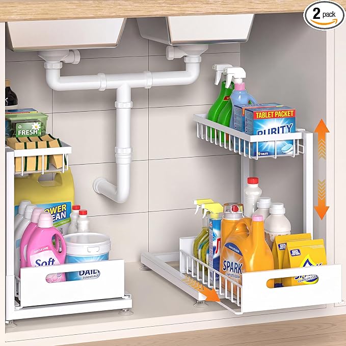 2-Pack L-Shaped Under Sink Organizer, 2-Tier Pull-out Cabinet Rack | White Height-Adjustable Steel Rack, Sliding Grid Drawers with PP Liners, Holds 100 Lbs, Suction Base, Ideal Kitchen Storage by Saydear