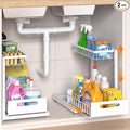 2-Pack L-Shaped Under Sink Organizer, 2-Tier Pull-out Cabinet Rack | White Height-Adjustable Steel Rack, Sliding Grid Drawers with PP Liners, Holds 100 Lbs, Suction Base, Ideal Kitchen Storage by Saydear