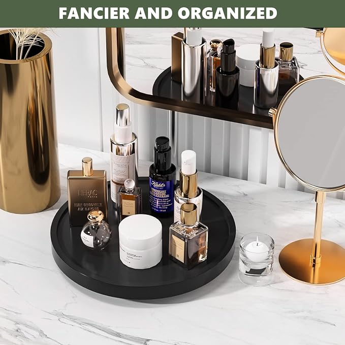 VeyFey Turntable Vanity Tray, 10 Inch Bamboo Countertop Organizer | Perfume Candle Tray for Kitchen Sink, Keep Glass Sponge and Soap, Bathroom Coffee Table Decorative Organizer, Black - Image 3