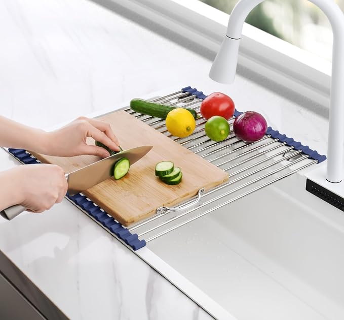 Tomorotec Roll Up Dish Drying Rack Over Sink, 304 Steel, 17.7x15.5, Indigo | Anti-Slip Silicone Rims For Grip, Heat-Resistant Trivet Mat Holding Heavy Cookware, Rustproof Kitchen Counter Space Saver - Image 8