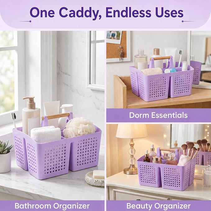 Portable Shower Caddy Basket with 3 Compartments and Handle, Purple | Plastic Divided Beauty Caddy Organizer for Hair Care, Cosmetics, Toiletries, Craft Supplies, Dorms and Vanities - Image 4