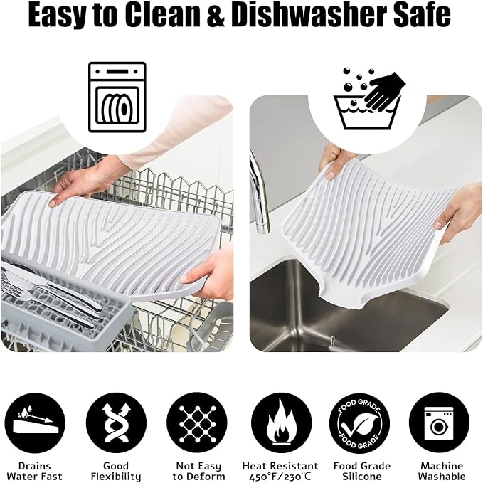 TIKNIK Silicone Dish Drying Mat for Kitchen Counter, White-1pcs, 20" x 15" | Heat Resistant & Non-Slip Dish Drain Pad with Built-In Drain, Dishwasher Safe, Quick-Dry, Hangable & Roll-Up for Storage - Image 4