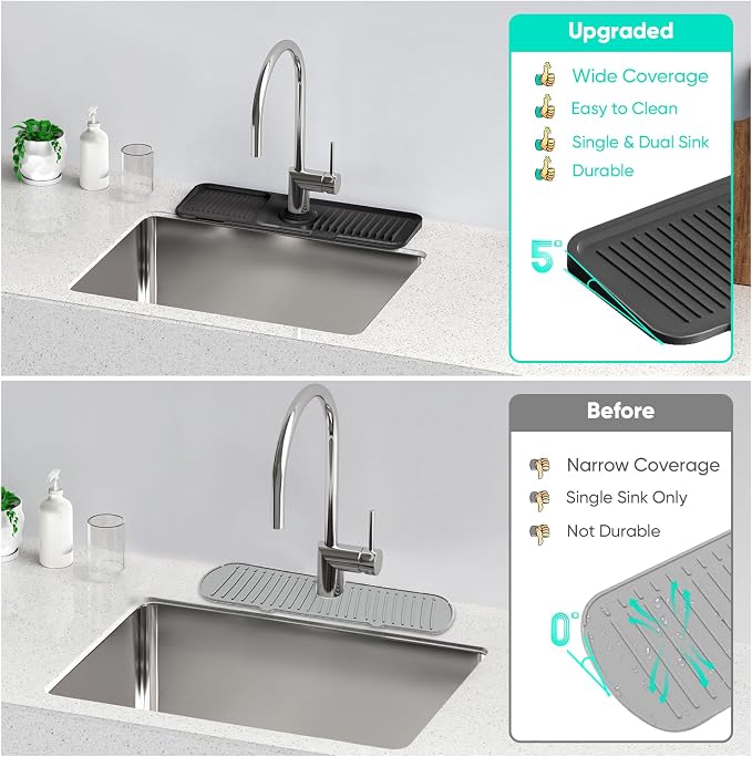 17.7inch Faucet Mat for Kitchen Sink [5°Slope Fast Self-draining] Kitchen Sink Splash Guard Silicone Kitchen Sink Faucet Mat Splash Guard for Kitchen Sink Area Tidy Splash Faucet Guard Draining Mat - Image 7