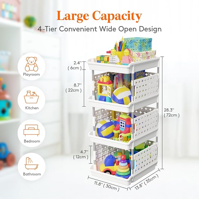 Lifewit Plastic Stackable Storage Baskets, 4 Tier Stacking Bins for Food and Clothes, Multifunctional Organizer for RV, Kitchen, Playroom, Pantry and Bathroom, 13.8"D x 11.8"W x 28.3"H, 1 Pack, White | Stacking Bins for Food, Multifunctional Organizer ... - Image 3