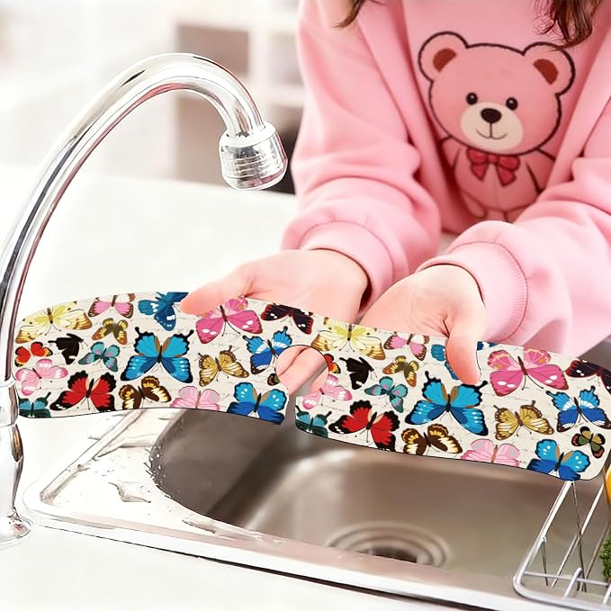 2 Pcs Kitchen Sink Splash Guard Faucet Mat Butterfly Pattern Faucet Mat for Sinks Absorbing Drying Mats for Kitchen Bathroom, 23.6x5.5inch - Image 6