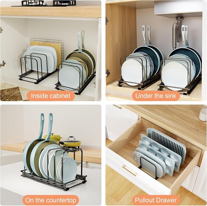 TEAMOLA Metal Cutting Board Organizer - Adjustable Bakeware Rack 1-Pack | Black Metal Kitchen Rack Organizer, Adjustable Holder Fits Pans Lids Sheets, Cabinet Counter Under Sink Caddy with 7 Slots - Image 6