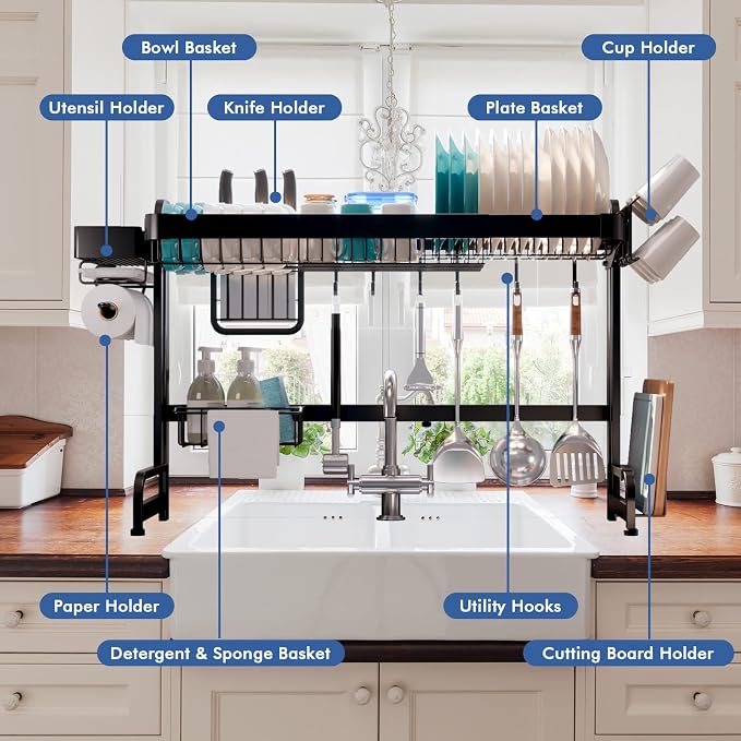 LIVOD Over Sink Dish Drainer Drying Rack, 2 Tier Full Stainless Steel Storage Adjustable Length Kitchen Rack, Multifunctional Expandable Counter Organizer, Space Saver Dish Rack - Image 2