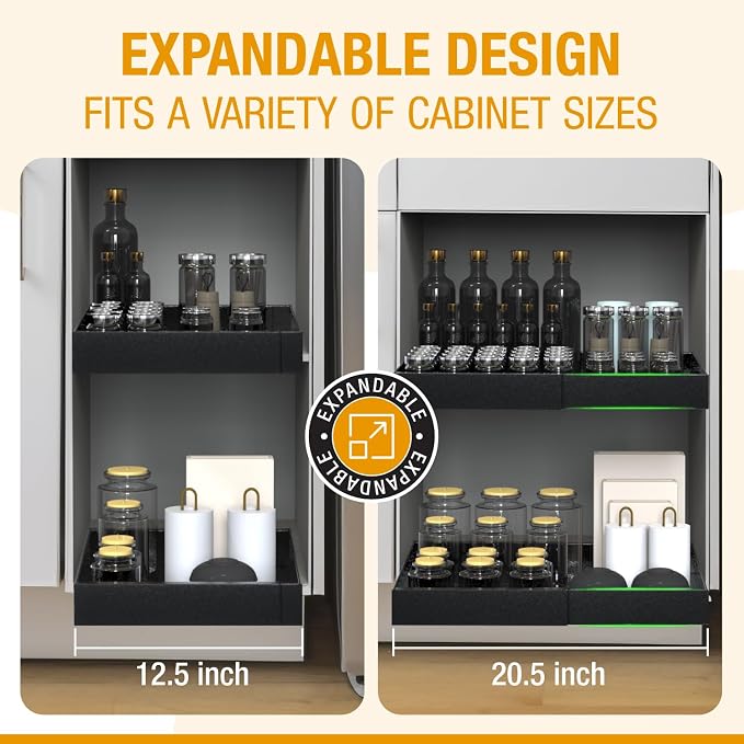 Expandable Pull Out Drawers for Cabinets(Black) : Kitchen and Pantry Organizer, Sliding Cabinet Organizer with Adhesive, Under Sink and Pots Storage, Depth 16.5". expandable pull out cabinet organizer - Image 5