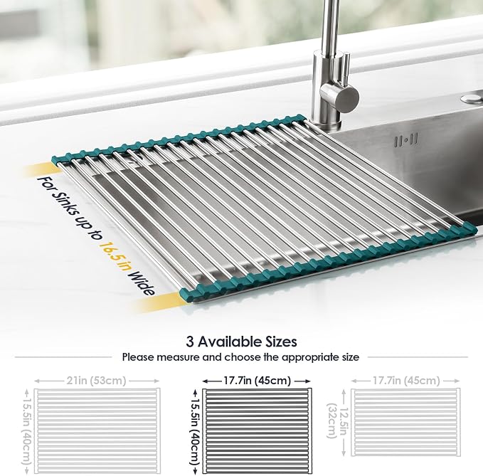 Tomorotec Roll Up Dish Drying Rack Over Sink,304 Steel,17.7x15.5,DarkGreen | Anti-Slip Silicone Rims For Grip, Heat-Resistant Trivet Mat Holding Heavy Cookware, Rustproof Kitchen Counter Space Saver - Image 4