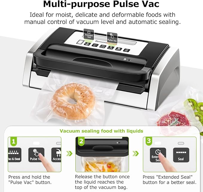 Bonsenkitchen Vacuum Sealer with Easy Handle Design,1 Bag Roll & 10 Bags | Powerful Suction Food Vacuum Sealer, Low-Noise, Fast Continuous Sealing for Bulk Buy, Built-in Cutter & Bag Storage, Black - Image 3