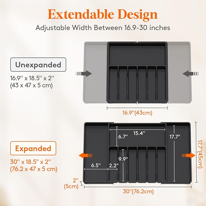 Lifewit Extra Large Silverware Drawer Organizer, Expandable Utensil Tray | BPA Free Flatware Cutlery Holder for Kitchen, Adjustable Plastic Storage for Spoons Forks Knives, 17- 30 x 18.5", Black - Image 4