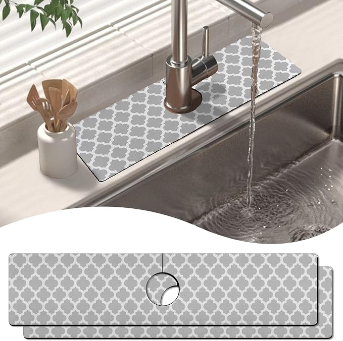 2 Pack Kitchen Sink Splash Guard Faucet Mat 24" X 5.5" Geometry Absorbent Fast Drying Mat Faucet Draining Mat Sink Splash Guard Behind Faucet Drip Catcher for Kitchen Bathroom by Unknown