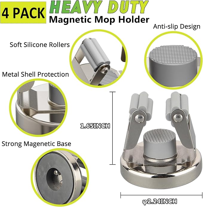 ULIBERMAGNET Magnetic Mop Broom Holder,Heavy Duty Movable Magnetic Tools Holder,Anti-Slip Magnetic Mounted Utility Storage Mop Shovel Hanger for Garage, Kitchen, Laundry, Garden(4 Pack/Silver) - Image 2