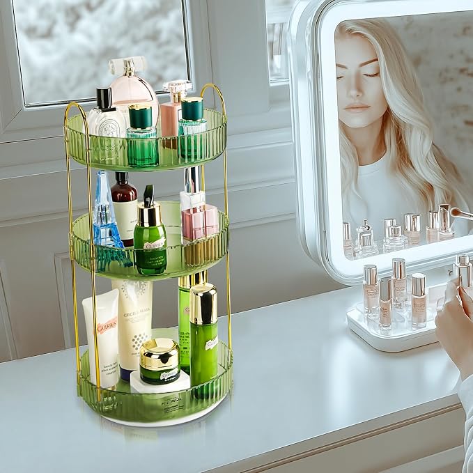 360 Rotating Makeup Organizer - Large Capacity Spinning Perfume & Cosmetic Skincare Holder for Vanity & Countertop (Gem Green, 3 Tier) - Image 7