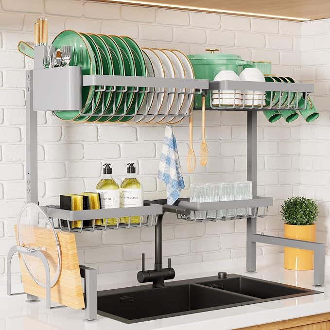 Kitsure Adjustable Over The Sink Dish Drying Rack, 26.8" -33.9"x21.5" | Sink Drying Rack for Kitchen Sink, Dish Rack Over Sink with Cutlery & Utensil Holders, Kitchen Storage, Grey by Kitsure