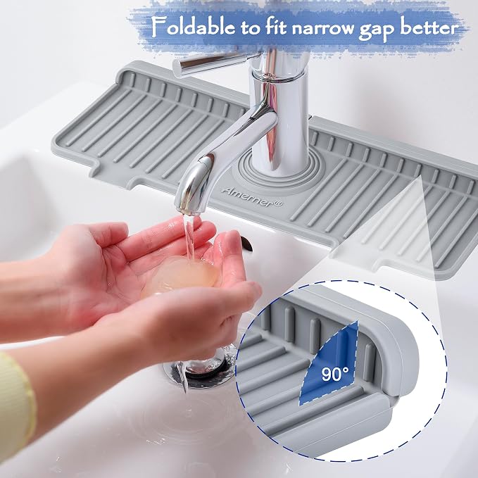 Amerner Kitchen Sink Splash Guard, Silicone Faucet Guard & Draining Mat, 10° Large Slope Sink Faucet Mat Splash Guard, Bathroom Sink Organizer, Kitchen Sink Accessories Gadgets, 14.2” x 5.1”, Gray - Image 4