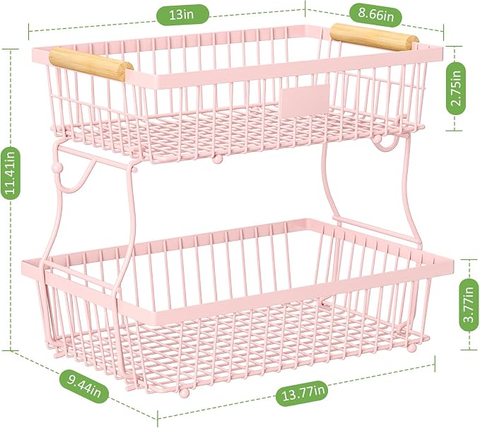 2 Tier Fruit Basket for Kitchen Counter with 2 Banana Hangers, Countertop Metal Fruit Bowl with Wooden Handle, Large Storage Stand for Vegetables, Snacks, Breads, Produce Storage – Pink - Image 5