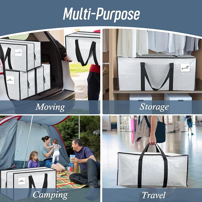 12 Pack Extra Heavy Duty Large Moving Bags with Strong Zipper, White | Comfortable Handles, Sturdy & Durable Clothes Storage Bags Totes Bins, Blue Packing Moving Boxes for College Supplies - Image 7