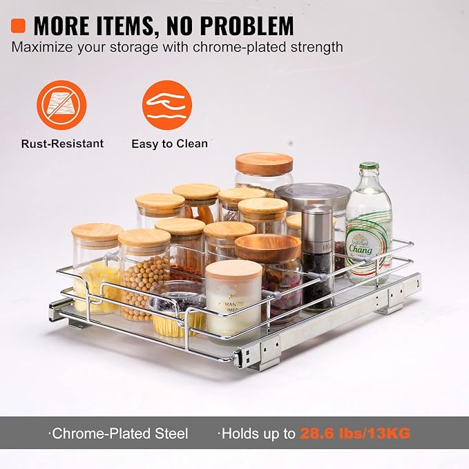 VEVOR 12.5"Wx16.5"Dx3.5"H Pull Out Cabinet Organizer, Heavy Duty Slide Out Pantry Shelves, Chrome-Plated Steel Roll Out Drawers Storage, for Home, Under Sink, 14"Wx17.5"Dx7"H Install Size for Cabinet - Image 4