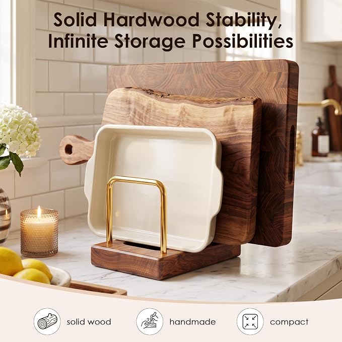 2 Pack Cutting Board Holder with Hardwood Base,Stand for Pot Lids | Heavy Duty Chopping Boards and Baking Sheets,Small Organization Dish Rack for Countertop - Image 2