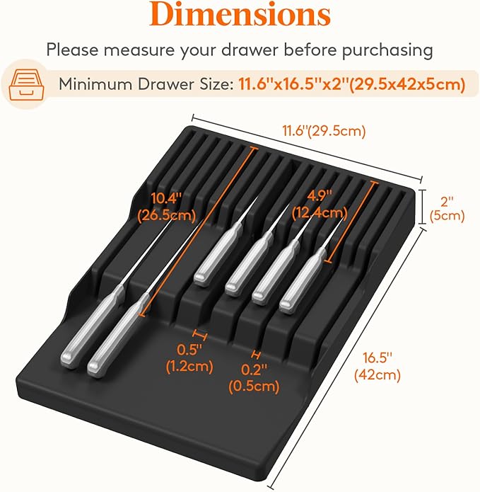 Lifewit Magnetic Drawer Knife Organizers Insert Pastic for 16 Knives, Black | Kitchen Plastic In Drawer Knife Block Slots, Steak Chefs Knives Holder Storage for 16 Knives and 1 Sharpening Steel 16.5" - Image 2