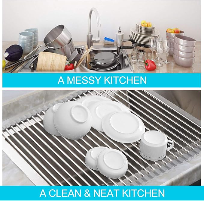 SunCleanse Roll-Up Dish Rack 17.8" x 15" Grey Over Sink Drainer Foldable | Multi-use stainless steel, foldable, for countertop, space-saving, easy to clean and non-slip - Image 5