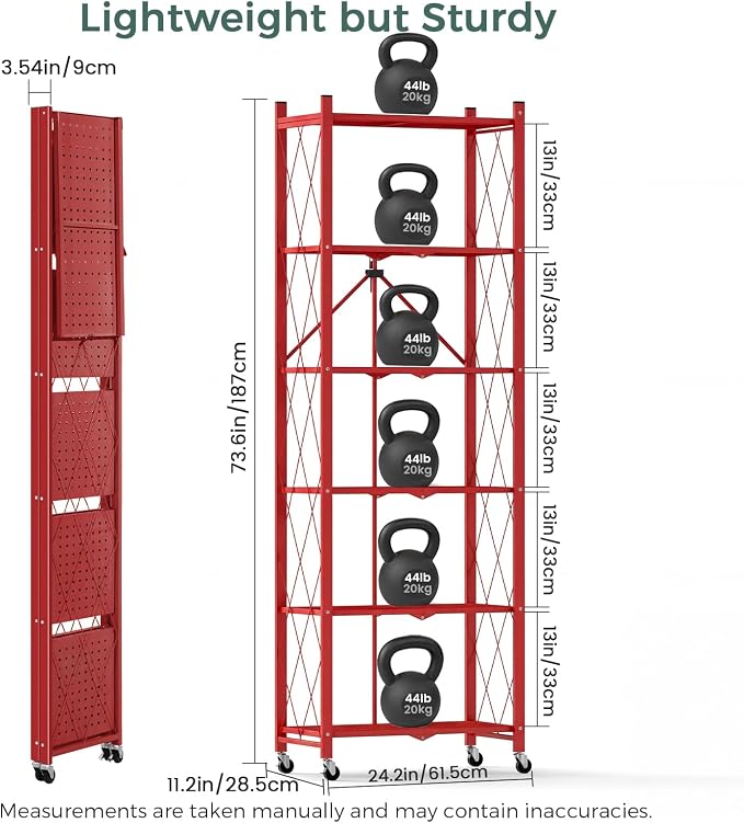 DEANIC 6-Shelf Folding Bookcase with Wheels, Heavy Duty Storage Shelves, Freestanding Metal Wire Shelving Unit for Living Room, Office, Kitchen, Basement, Pantry (Red) - Image 2
