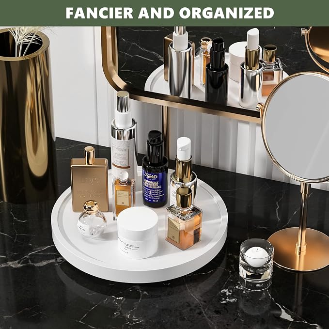 Turntable Vanity Tray, 10 Inch Bamboo Kitchen Sink Countertop Organizer | Perfume Candle Tray, Keep Glass Sponge and Soap, Bathroom Countertop Organizer, White - Image 3