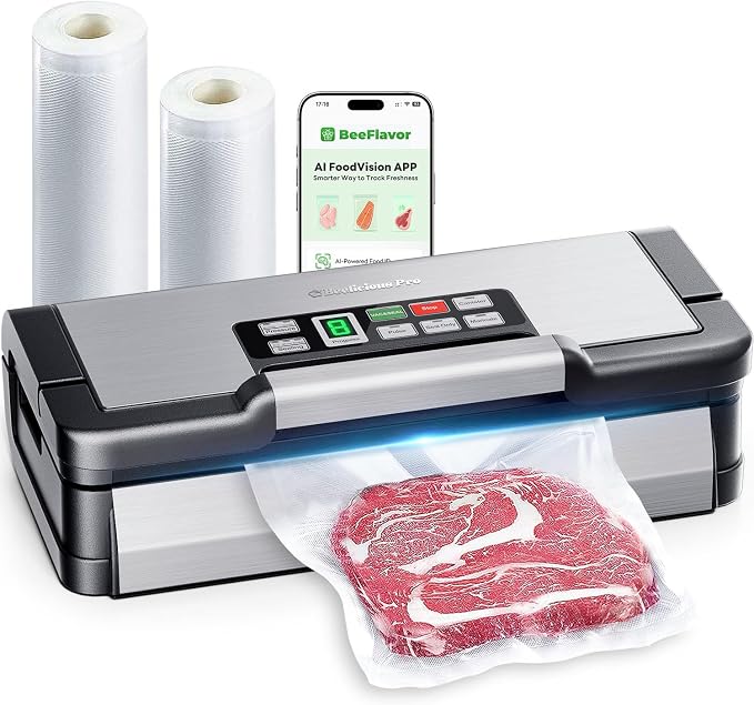 95kPa Vacuum Sealer Machine with AquaLock Technology, Dual-Pump Automatic Food Sealer for Dry & Moist Foods, Double Heat Seal, Built-in Cutter, Bag Storage & Accessory Hose,2 Bag Rolls,Stainless Steel by BeeliciousPro