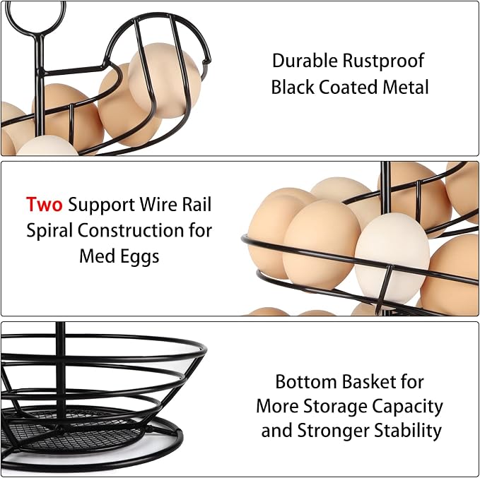 QUTREY Black Metal Egg Holder Countertop, Fresh Egg Skelter, Spiral Design Egg Dispenser Rack with Storage Basket for Display Easter Eggs - Image 3