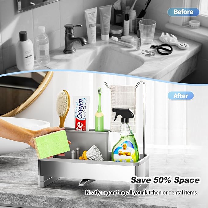 Ewaiira Sponge Holder for Kitchen Sink, Stainless Steel Sink Caddy | with Brush Holder & Dishcloth Rack, Countertop Sink Organizer, Soap Dispenser Kitchen Organizers Storage (F-Gray 9.8″) - Image 7